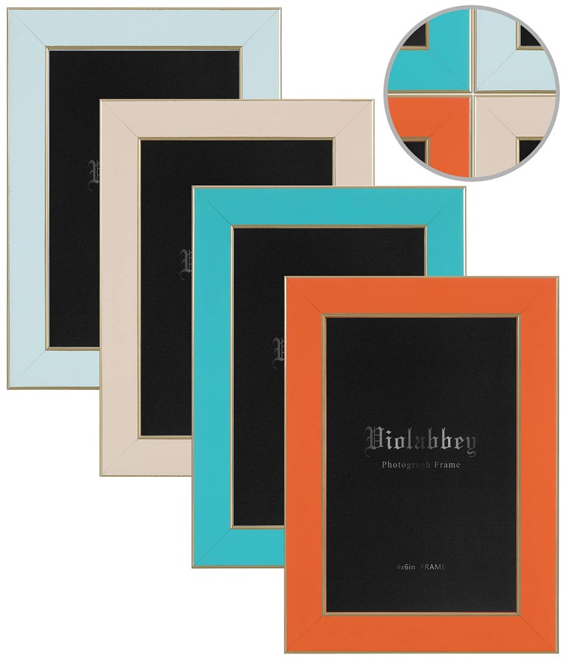 VIOLABBEY 4x6 Picture Frames Set of 4, Colorful Photo Frame of Modern Style, High Definition Tempered Real Glass, Wall Mounted or Tabletop Display (Blue+Light Blue+Orange+Apricot) - Image 1